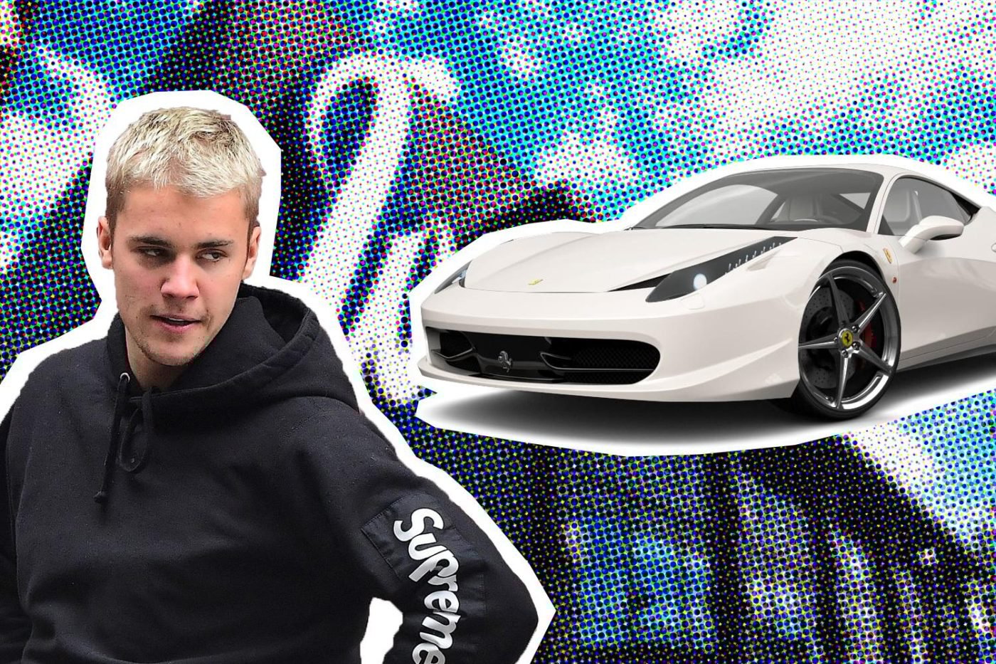 Person in Supreme hoodie beside luxury sports car.