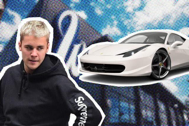 Person in Supreme hoodie beside luxury sports car.
