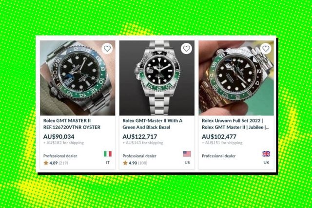Three Rolex GMT-Master II watches listed globally.