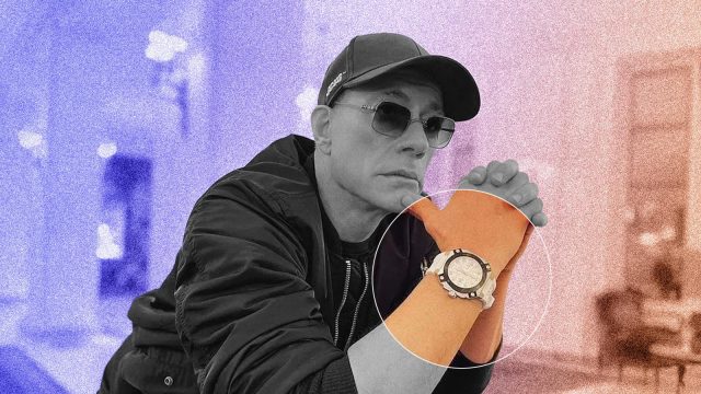 Person in cap highlights watch, multicolor backdrop.