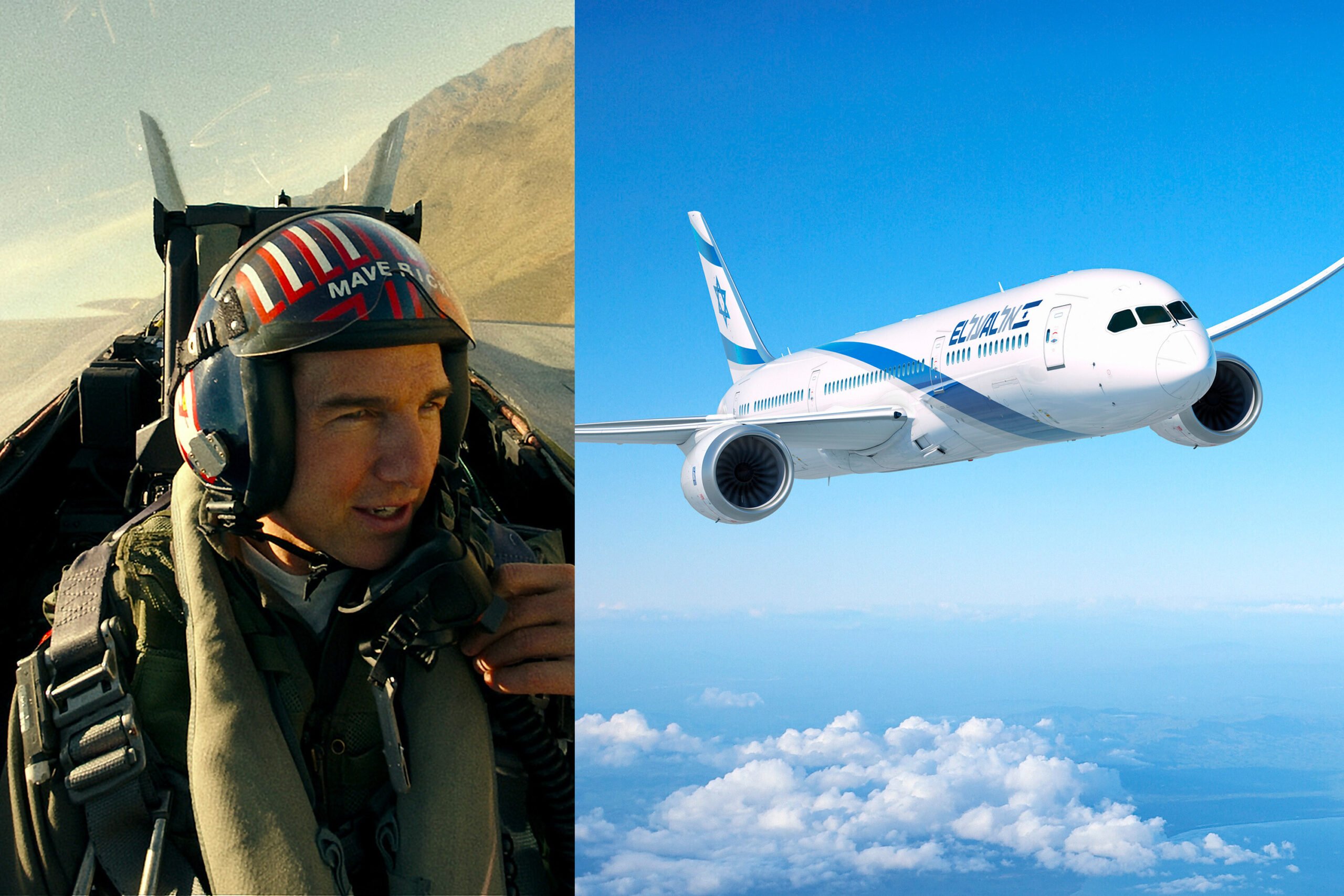 Jet pilot in cockpit; El Al plane above.