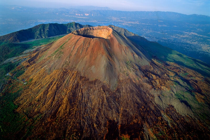 Aerial view of Mount Vesuvius near hills.