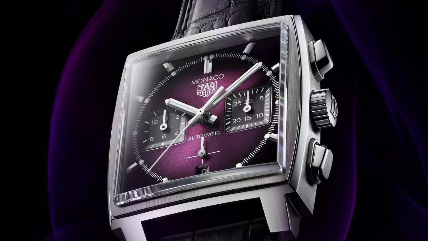 Classic TAG Heuer Monaco watch with purple dial.