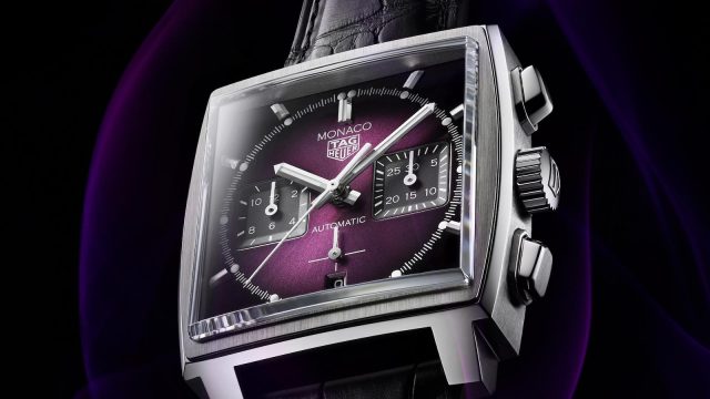 Classic TAG Heuer Monaco watch with purple dial.