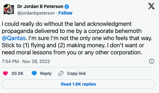 Dr. Peterson criticizes Qantas for land acknowledgments.