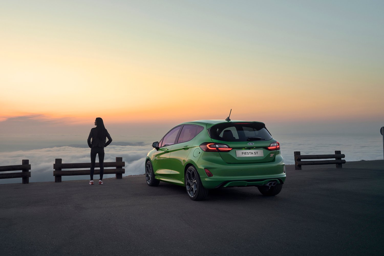 A 2023 Ford Fiesta ST parked at the top of a mountain.