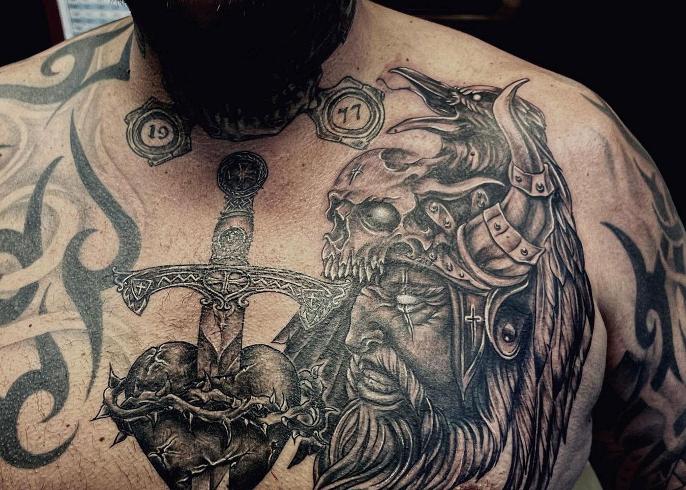 Grey Ink Dragon Half Sleeve  Man Chest Tattoo