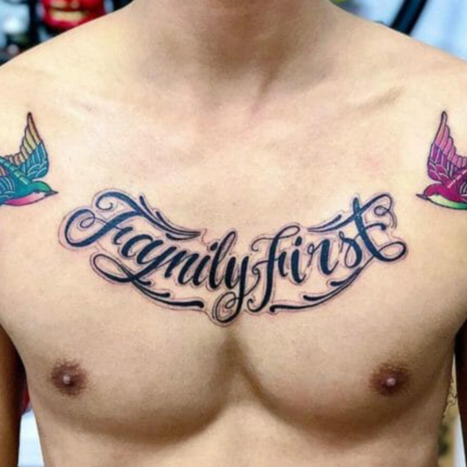 family first tattoo on chest with roses