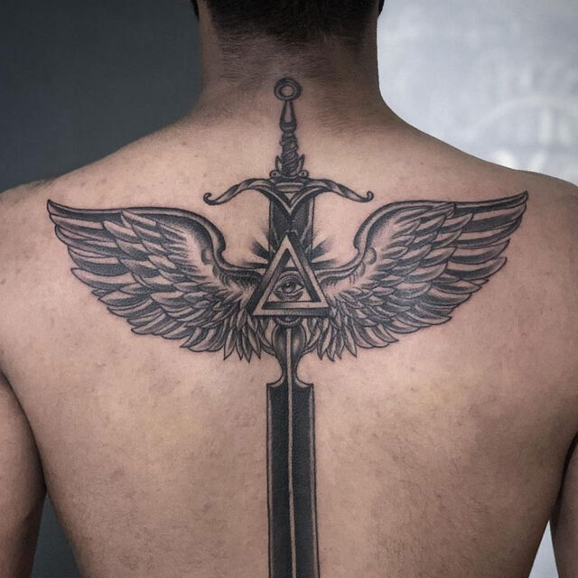 Grey Ink Sword Tattoo On Back