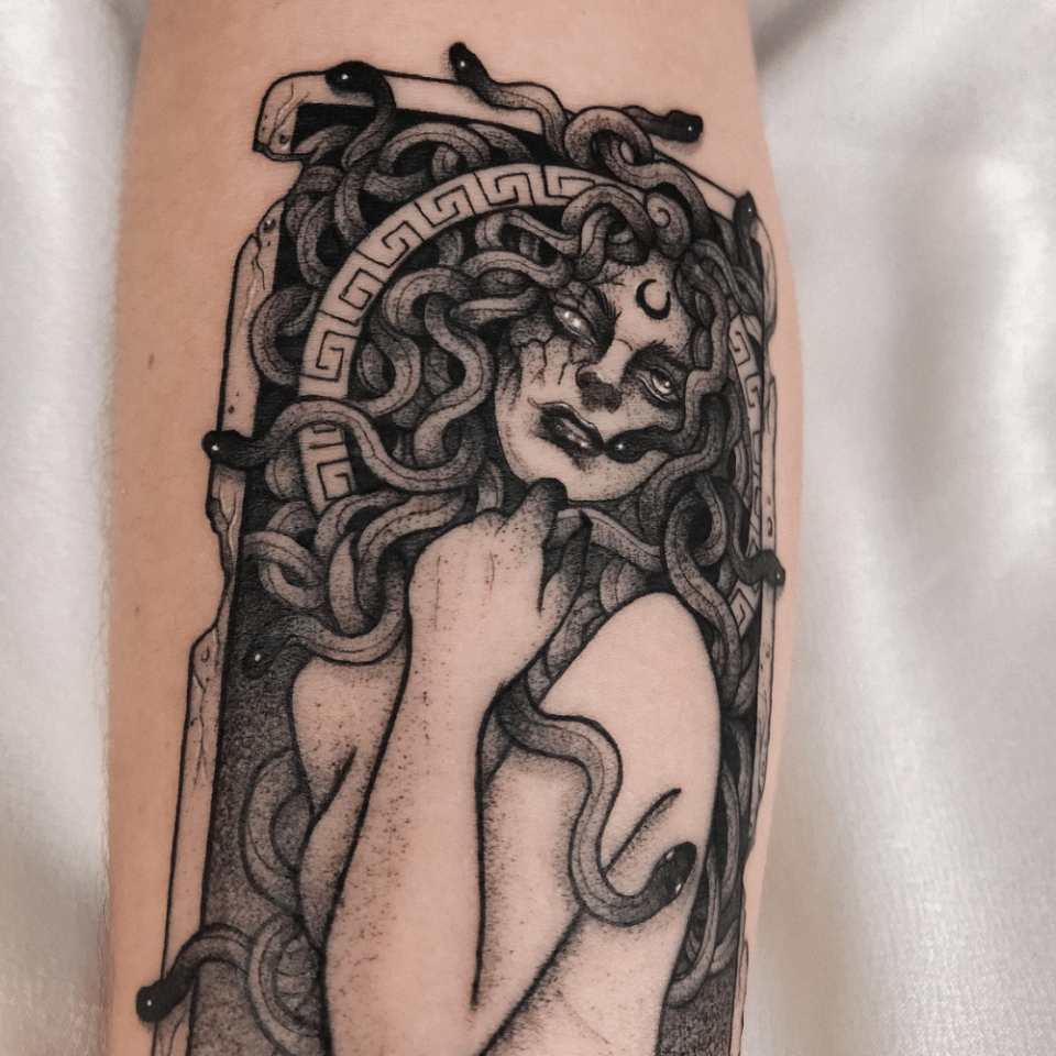 Bone Shaker Tattoos and Body Art  Cool medusa tarot for Alison this  morning done by Tom tomquinert tarot tarotcards shading tarotreading  medusa monster lineart stippling snake design quality tattoo tattoos  tattooist 