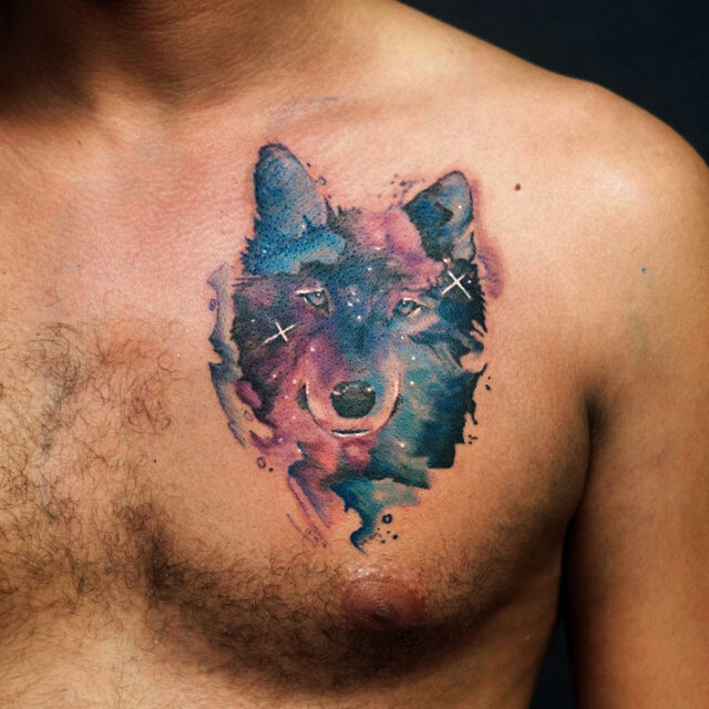 Watercolor Wolf Head Tattoo On Right Half Sleeve