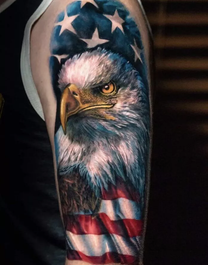 Bald Eagle Clutching American Flag Realism Tattoo Source @markvecellio_tattoo via Instagram