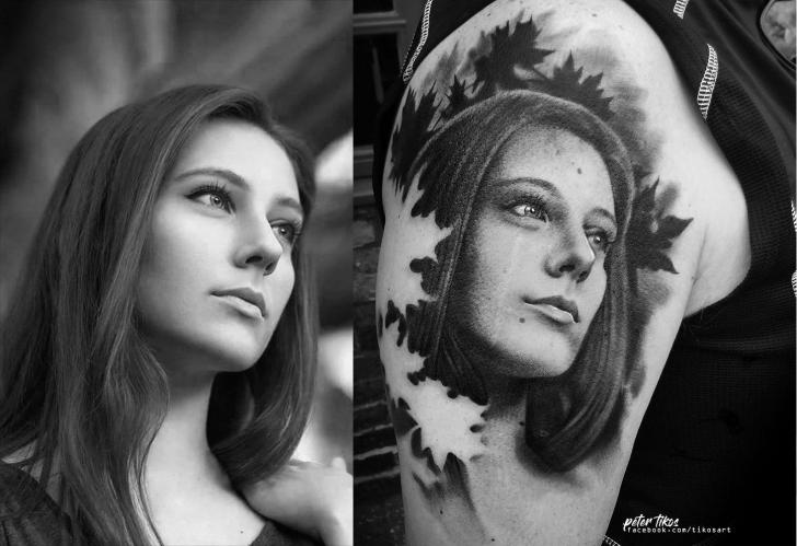 Black and White Woman Portrait Realism Tattoo Source via tattooers.net