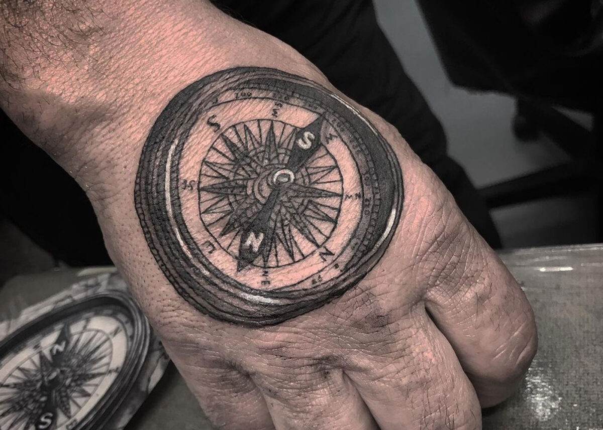 Beyoutattoo  Custom compass tattoo In the word of docsr7 its a compass  directed towards half moon half sun In shot sky Half clock is about the  time Thankyou for the caption