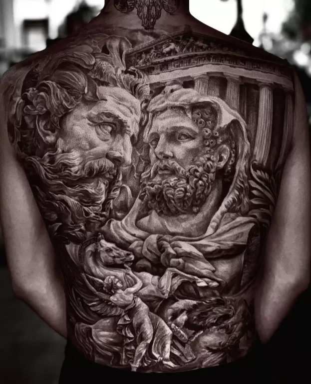 Greek Mythology Scene Realism Tattoo Source tattmag.com