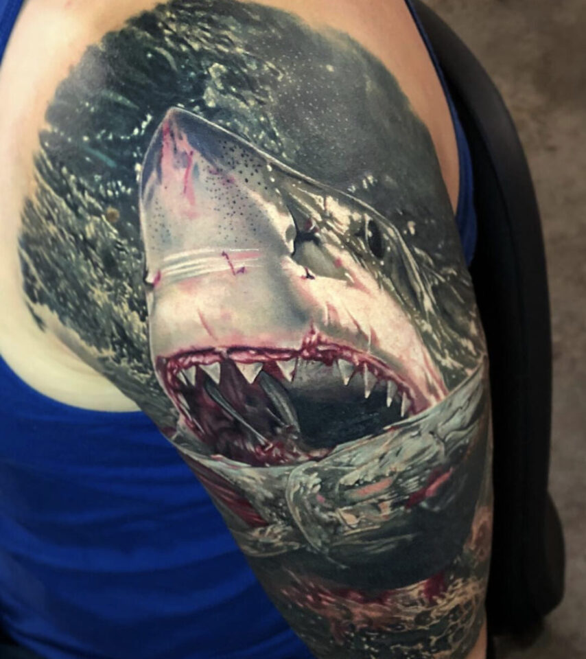 Shark Emerging from Water Realism Tattoo Source tattoolife.com