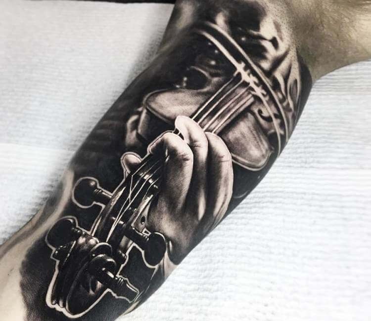 Violin with Intricate Scrollwork Realism Tattoo Source by Ben Kaye