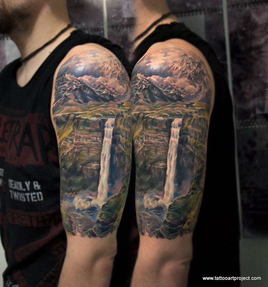 Waterfall Landscape Sleeve Realism Tattoo Source tattoodo.com