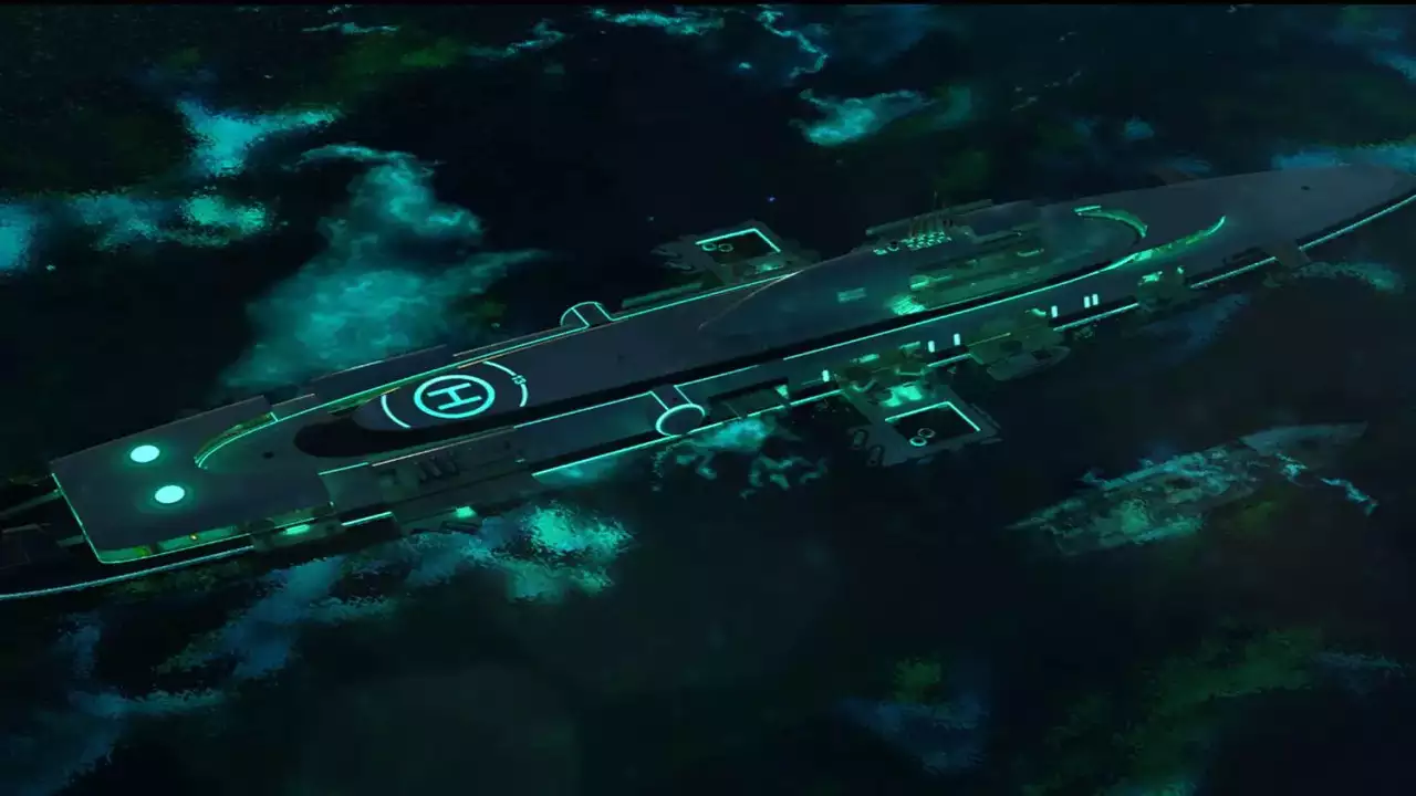 The glowing carrier resembles a Migaloo M5.