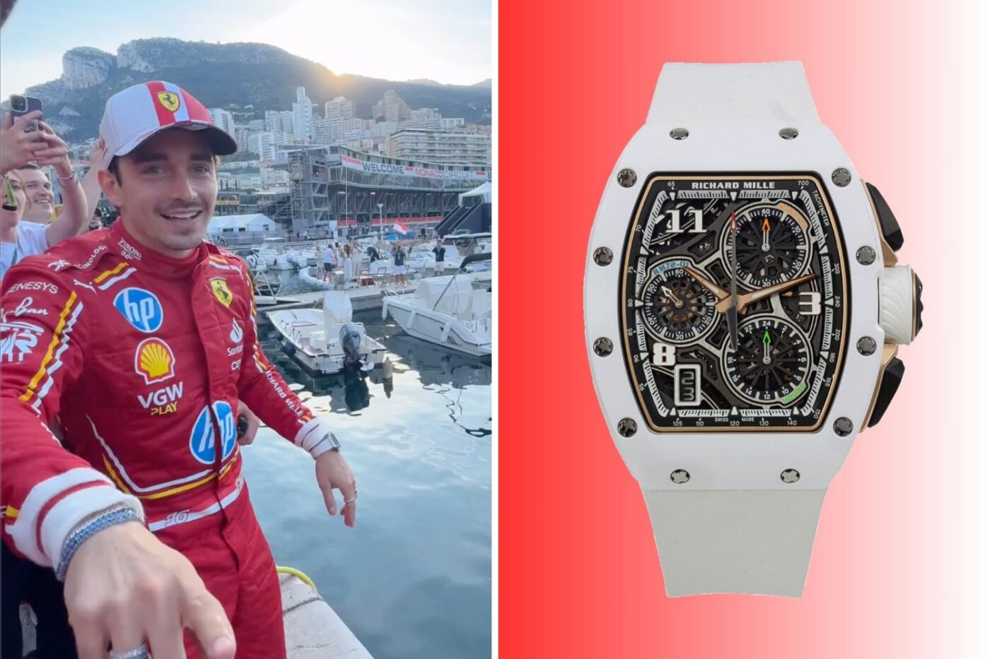 Charles Leclerc forgot he was wearing a $300,000 Richard Mille during his Monaco Grand Prix celebrations and dives into the Port Hercules. 