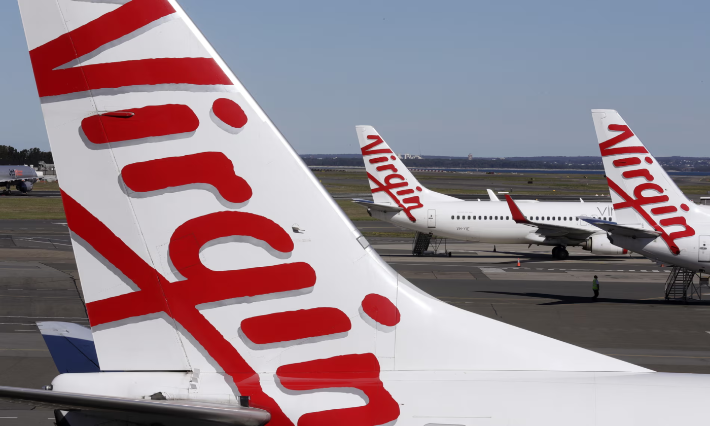 The tail fin of a Virgin Australia plane. 