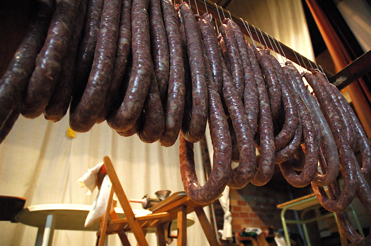 Blood sausage hanging in a butchers