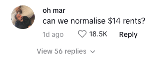 A screenshot of a TikTok comment about historic rents,