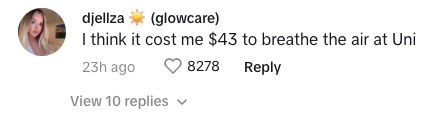 A screenshot of a TikTok comment about about the cost of university.