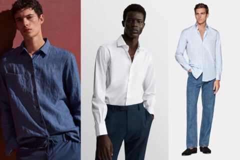 Men model distinct adult fashion outfits: denim, dress shirts.