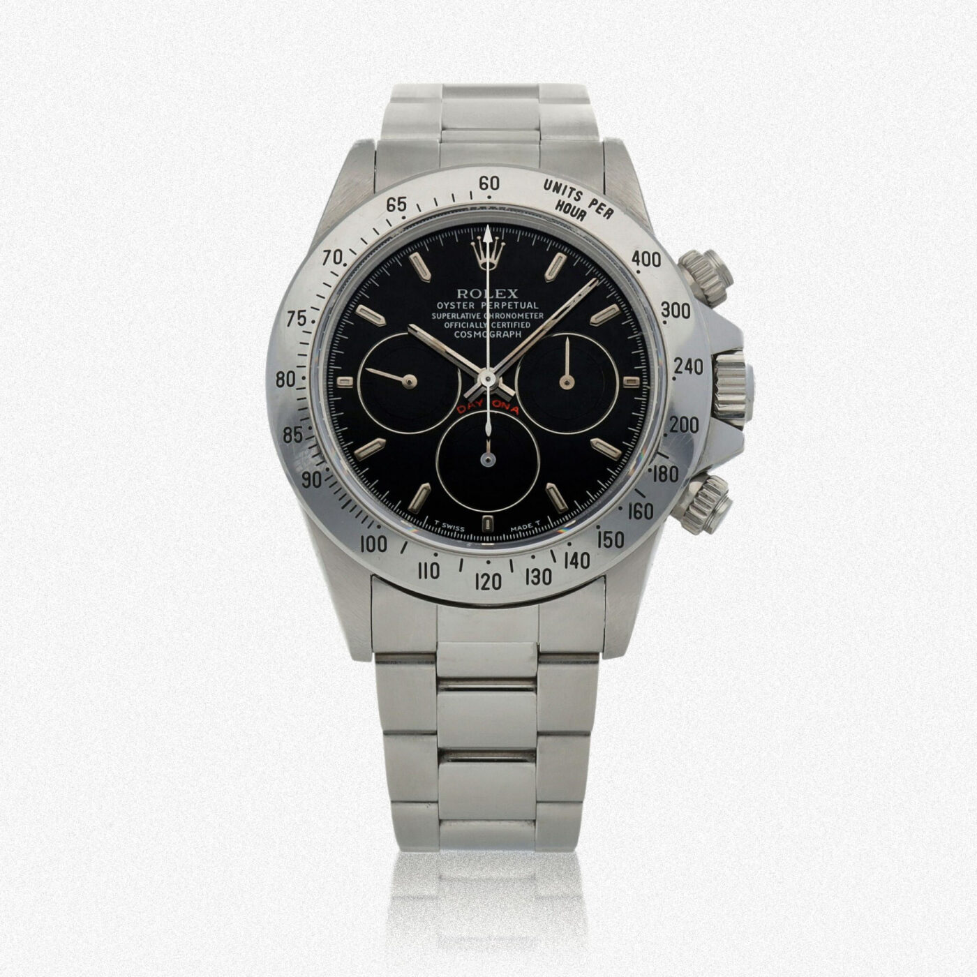 Silver Rolex Cosmograph Daytona with black dial.