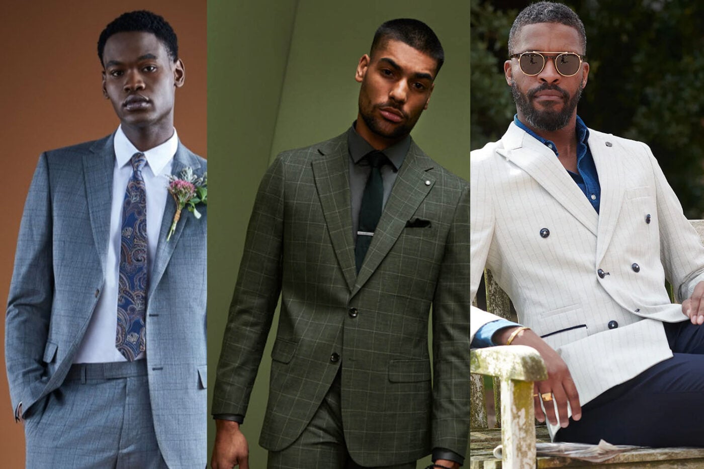 Three men in stylish suits, including floral boutonniere.