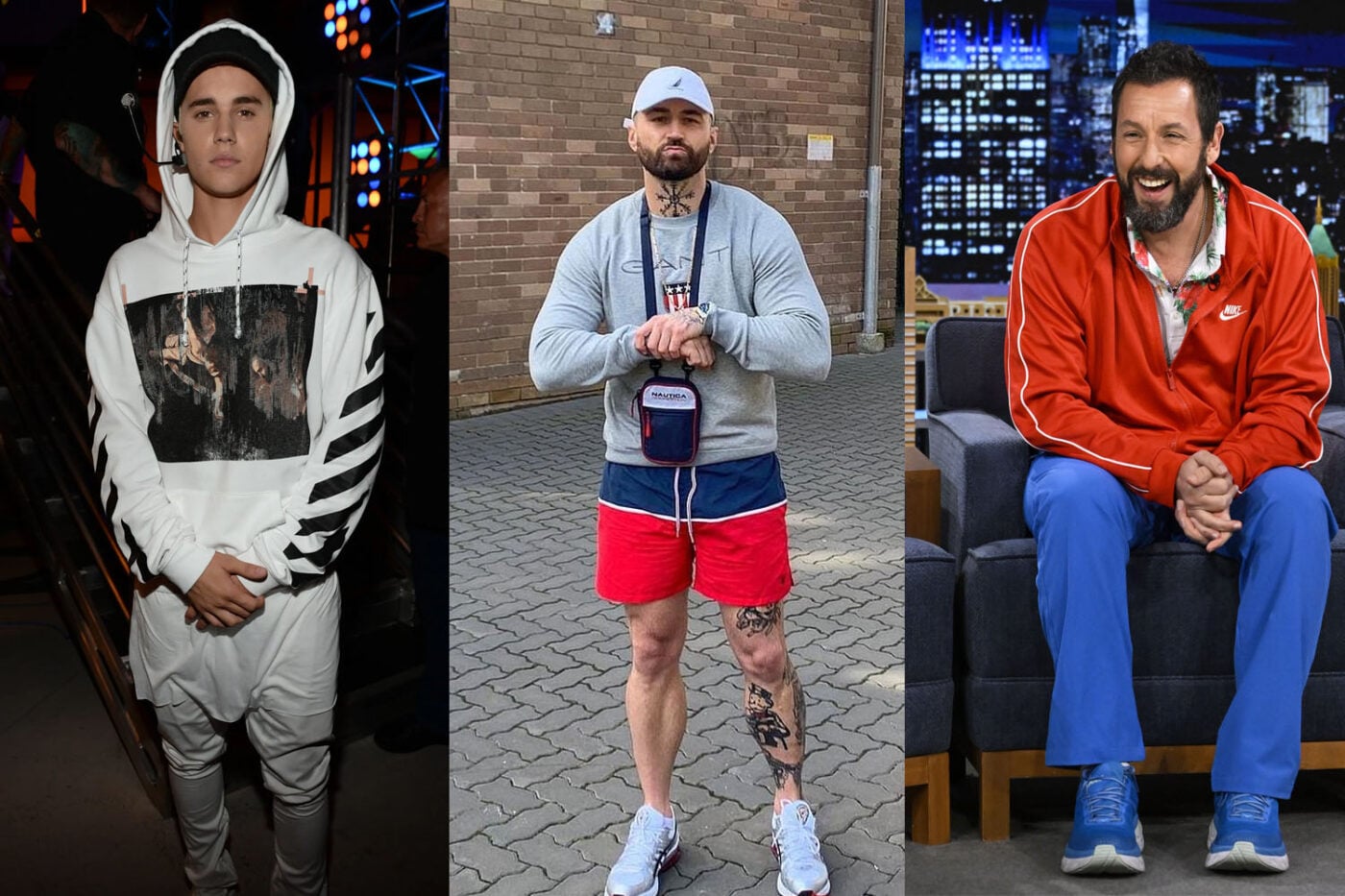 Men’s fashion: hoodies, tattoos, jackets on display.