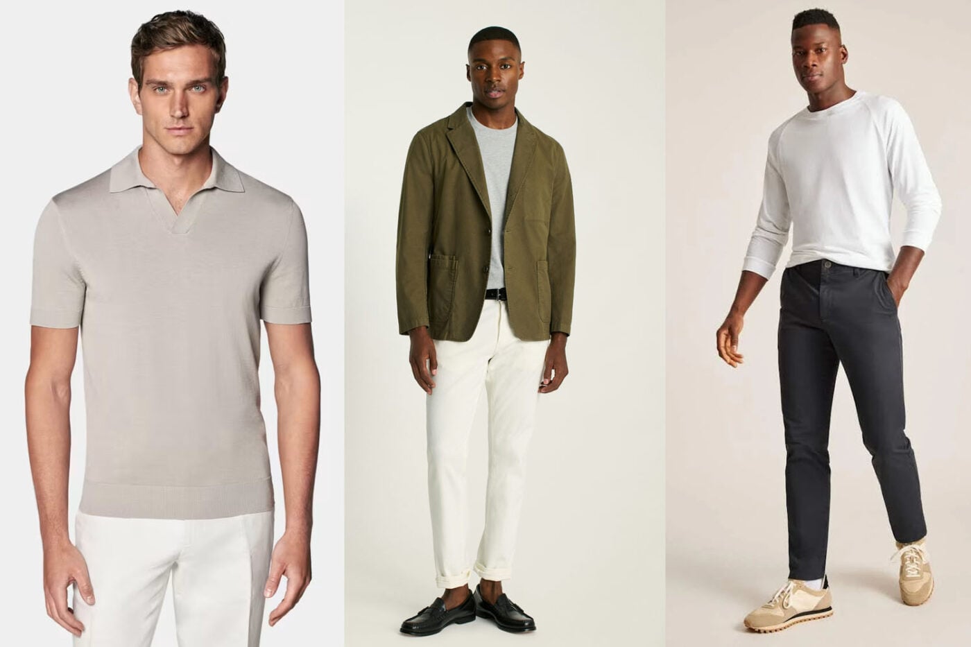 Three men model mature fashion ensemble.