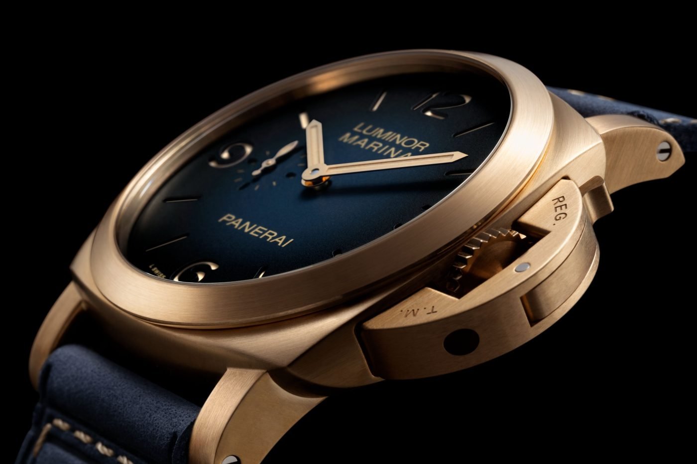 Close-up of bronze case and crown-protecting bridge