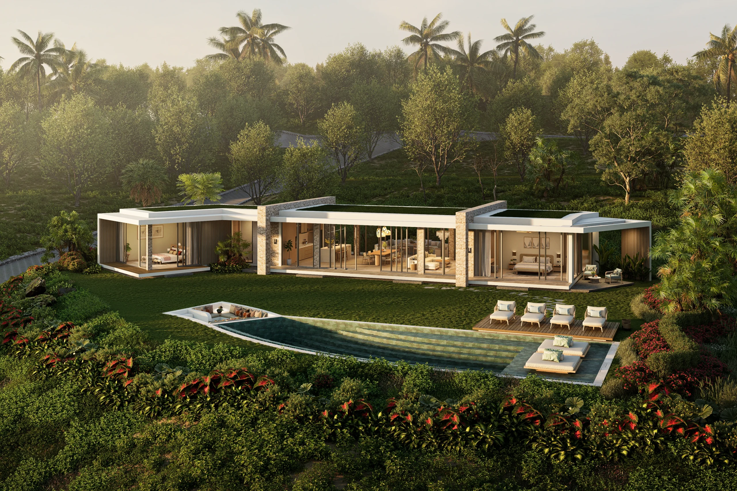 Tamarind turnkey villa exterior at dusk, Samara Lombok