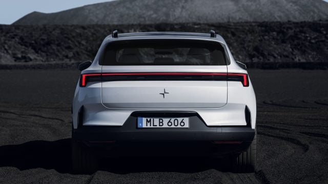 Rear view of the 2027 Polestar 4 SUV showing its new rear window and full-width light bar