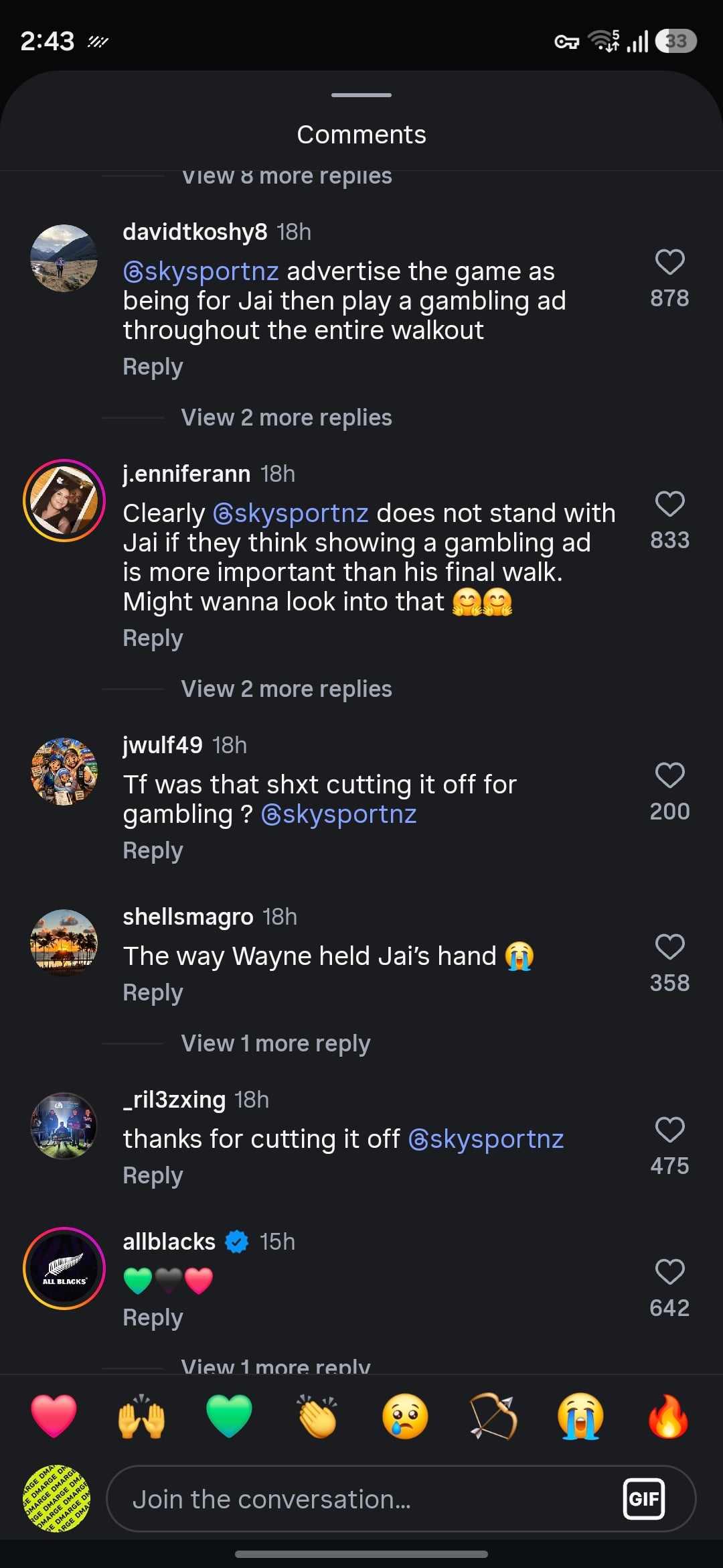 Instagram comments criticising Sky Sport NZ for playing a gambling ad during Jai Arrow's walk out